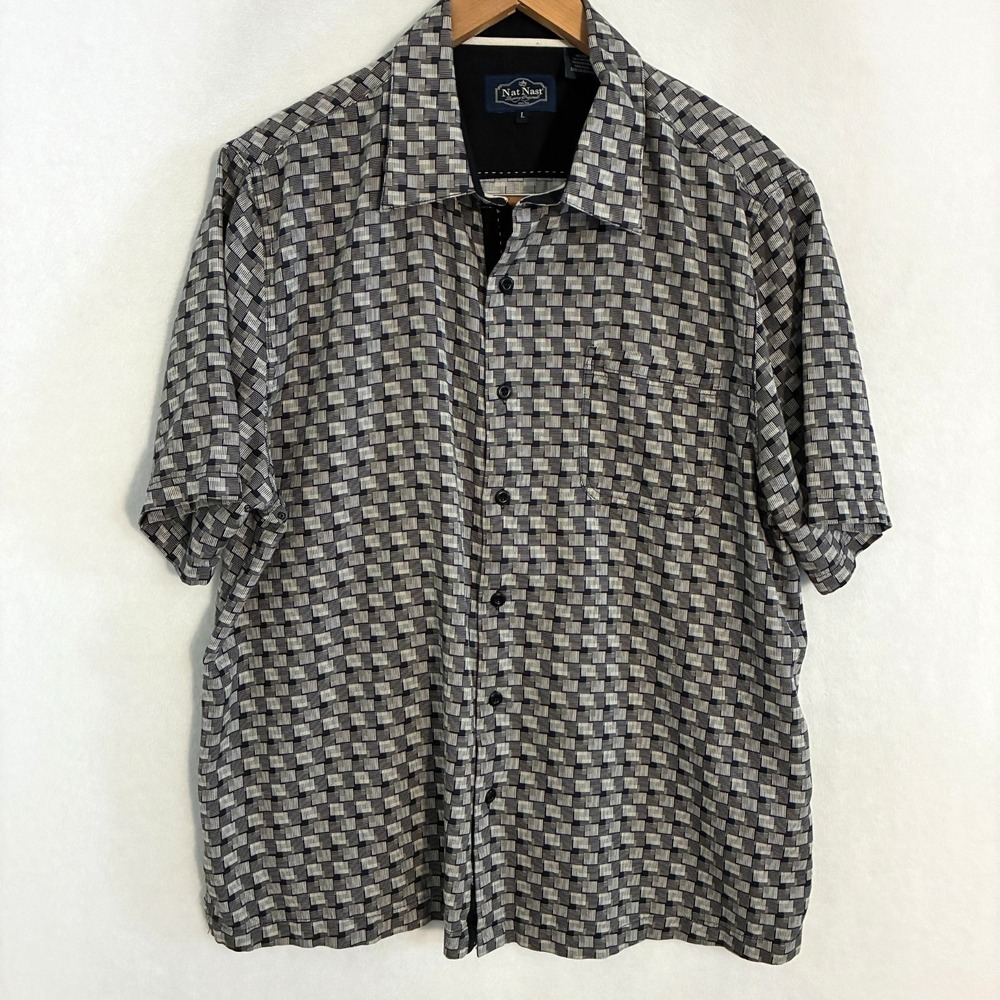 Nat Nast Luxury Originals Shirt Mens L Silk Blend Button Up Geometric Resort